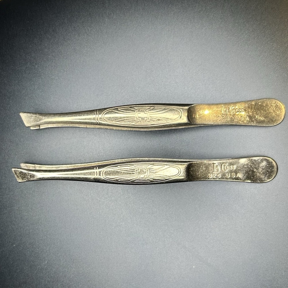 2- Vintage La Cross 924 Silver Slant Tip‎ Tweezers Medical Cross Emblem USA